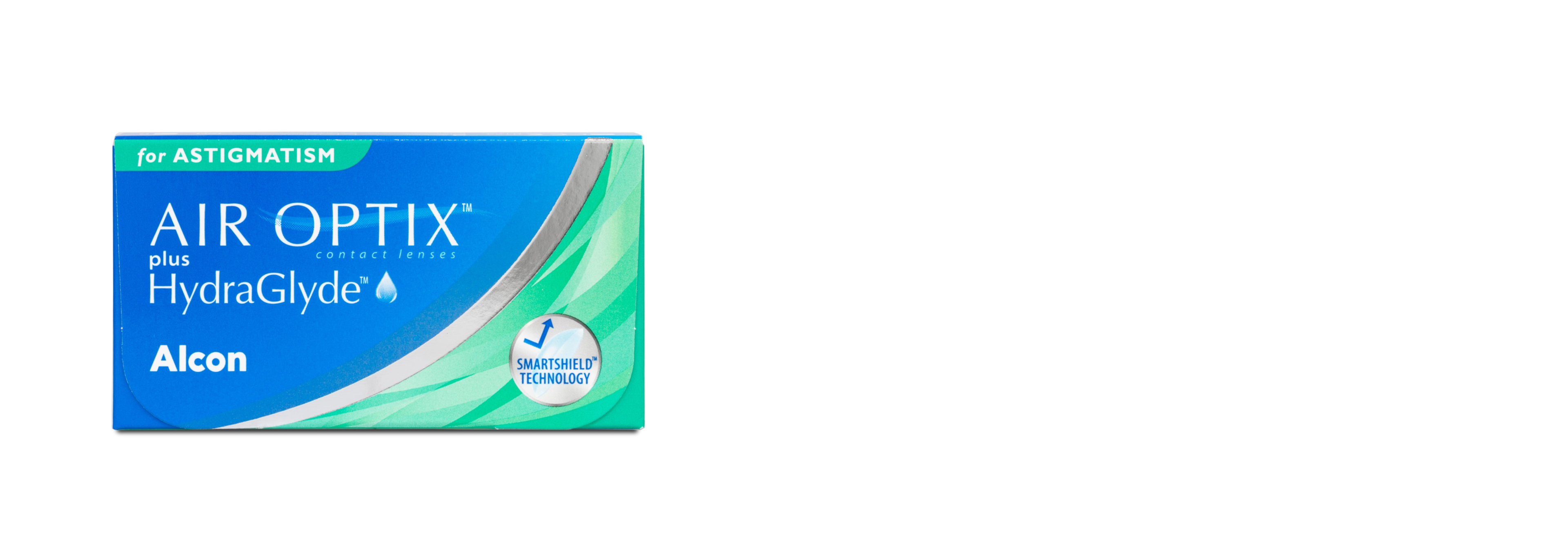 Confezione blu e verde delle lenti a contatto Air Optix plus HydraGlyde per astigmatismo.