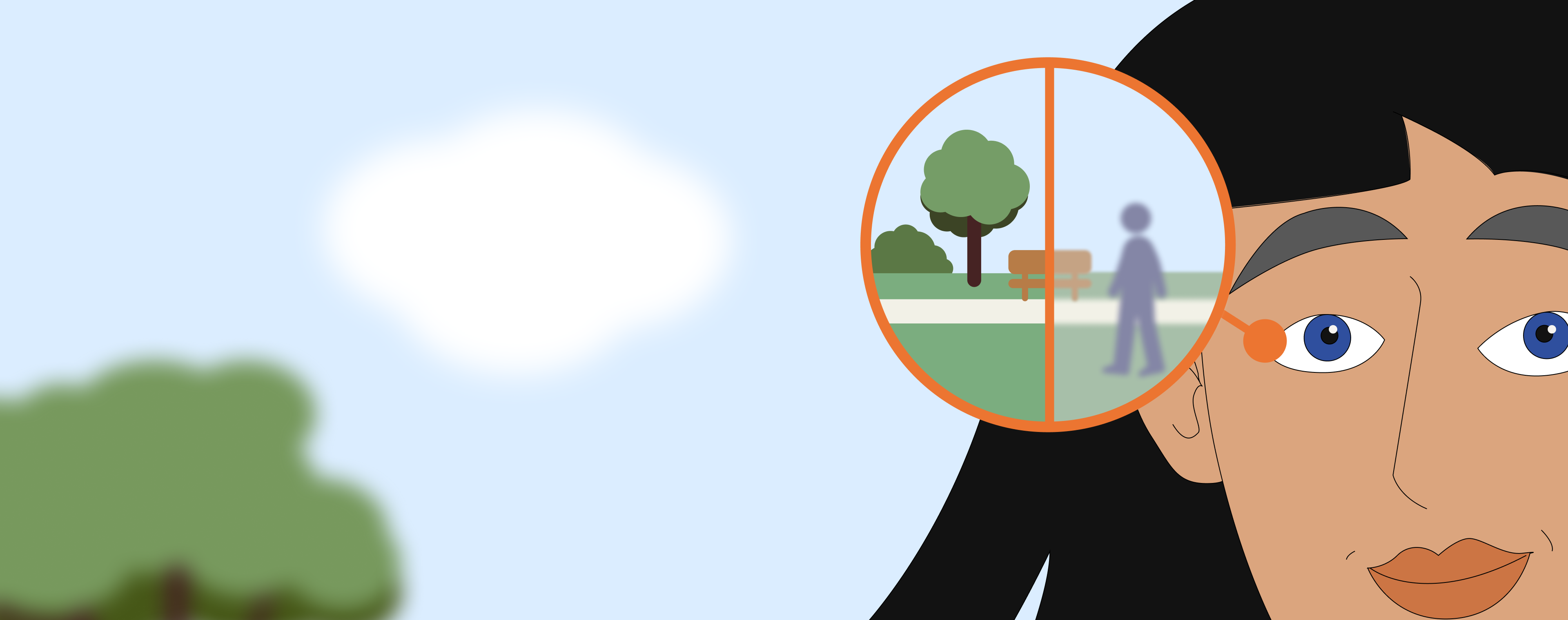 Illustration einer Person mit einem Fokus auf ihrem Auge, die eine vergrößerte Parkszene mit einem Baum, einer Bank und einer Silhouette zeigt.