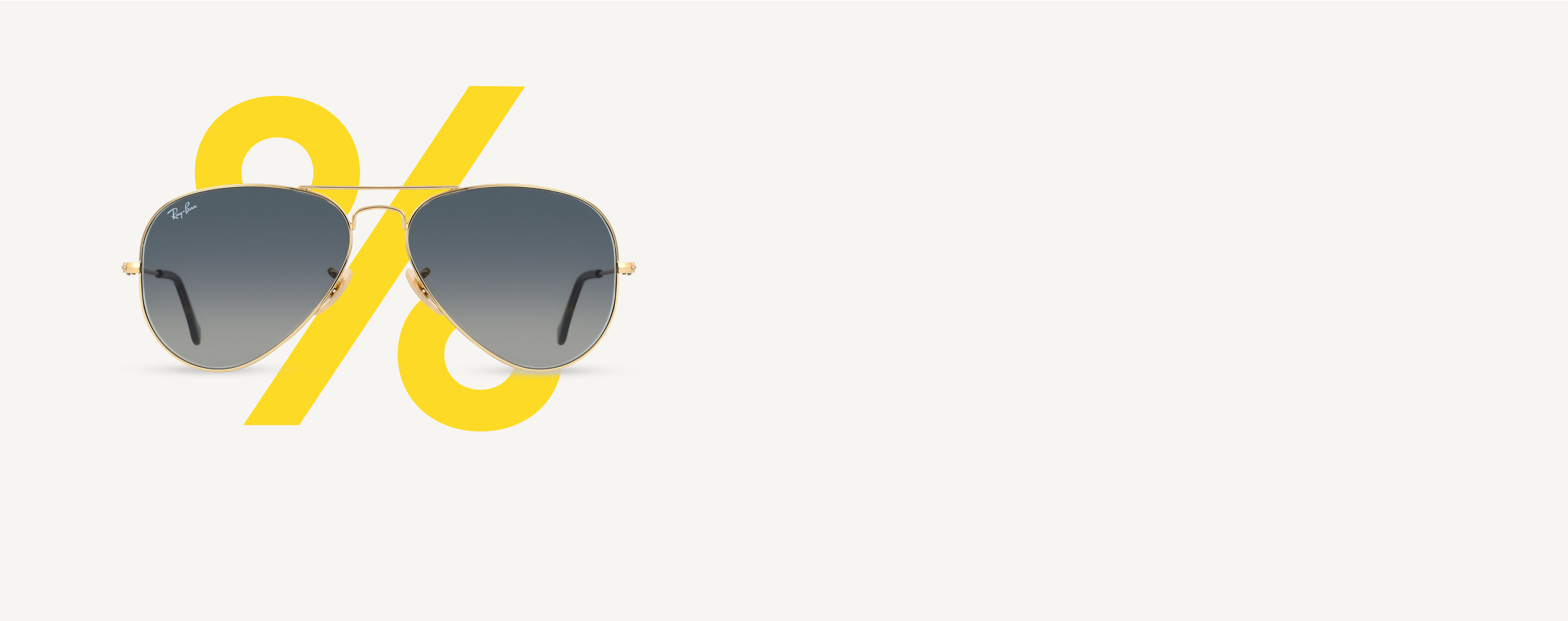 Ray-Ban Aviator Sonnenbrille auf weißem Hintergrund mit gelben Prozentzeichen.
