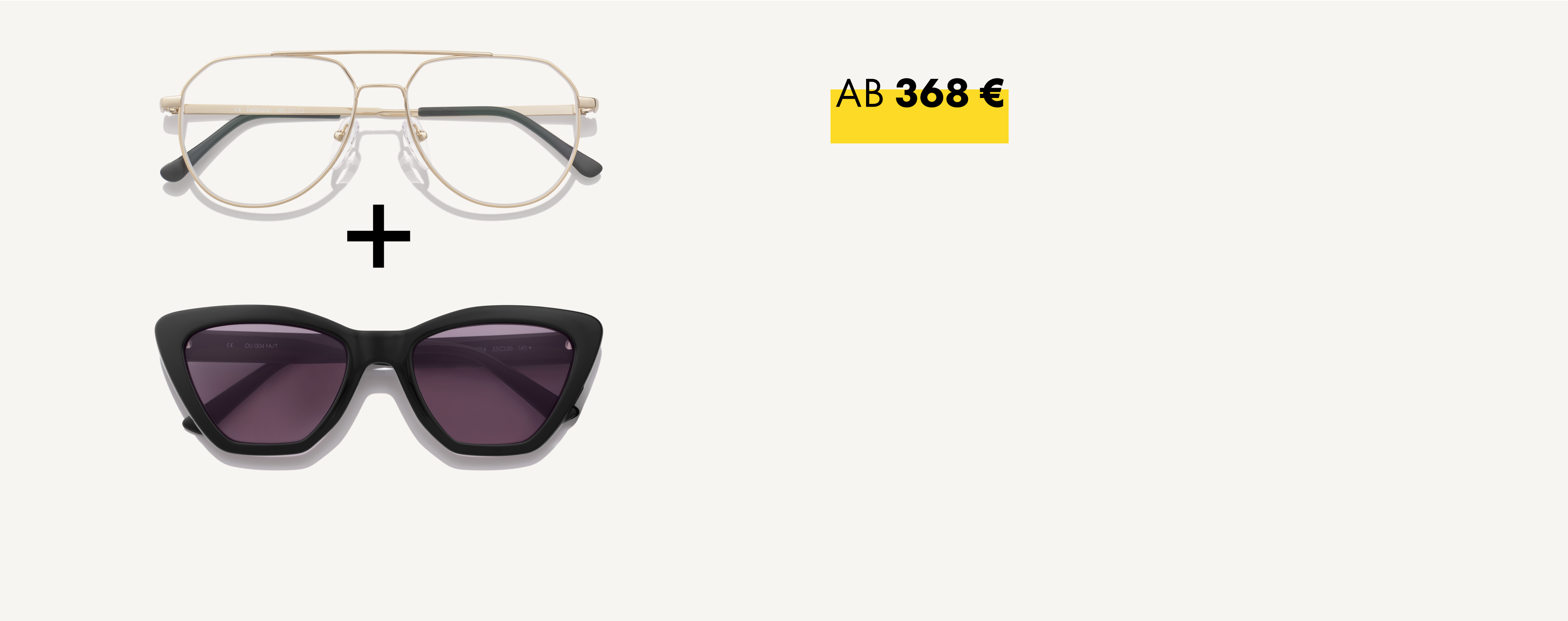 Goldrandbrille und schwarze Cat-Eye-Sonnenbrille mit einem Preisschild von 368 € auf weißem Hintergrund.
