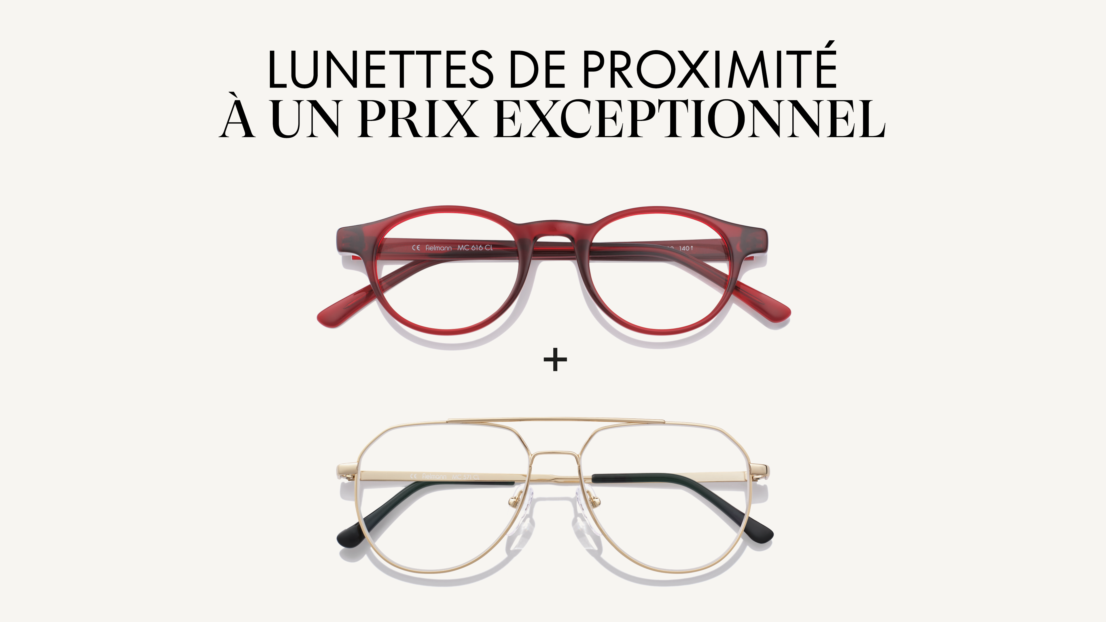 Deux paires de lunettes : une avec une monture rouge, une avec une fine monture dorée, sous un texte allemand sur les prix promotionnels.