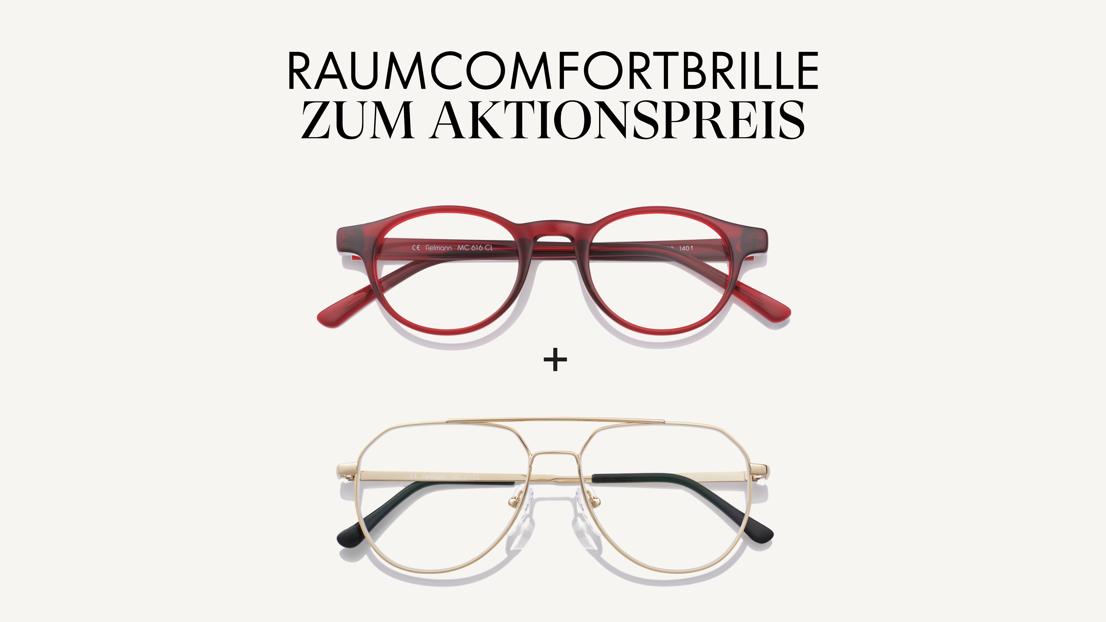 Zwei Brillenpaare: eines mit roten Fassungen, eines mit dünnen goldenen Fassungen, unter deutschem Text über Aktionspreise.