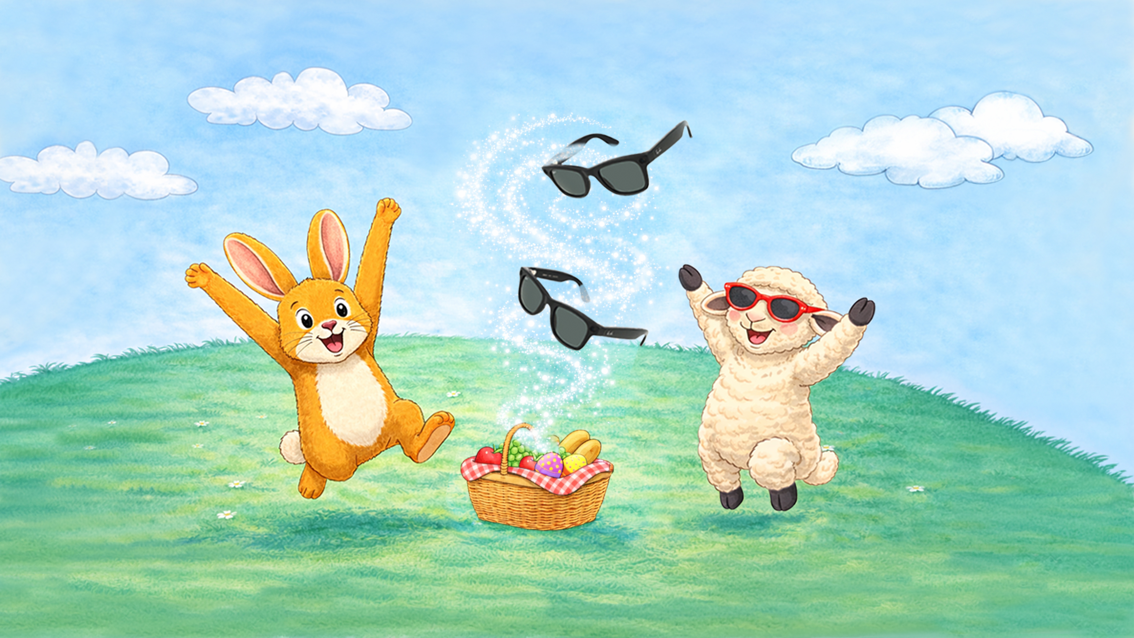 Ein animierter Hase und ein Schaf springen fröhlich auf dem Gras in der Nähe eines Picknickkorbs herum und tragen unter dem sonnigen Himmel Sonnenbrillen.