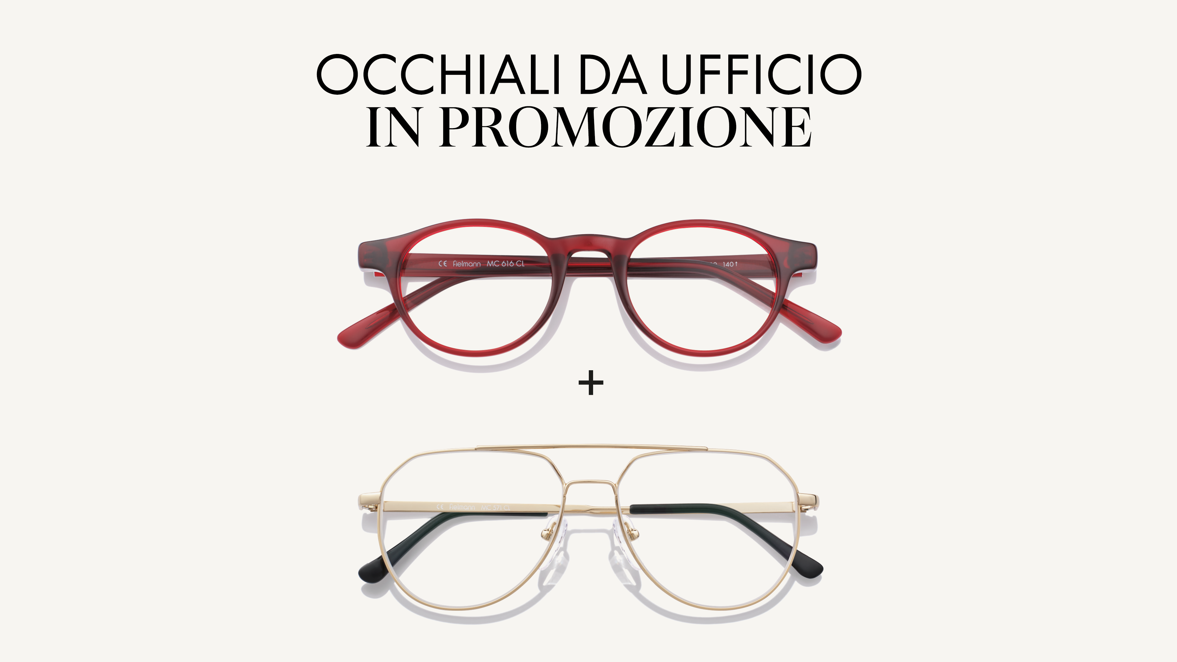 Due paia di occhiali: uno con montatura rossa, uno con sottile montatura dorata, sotto un testo in tedesco relativo ai prezzi promozionali.