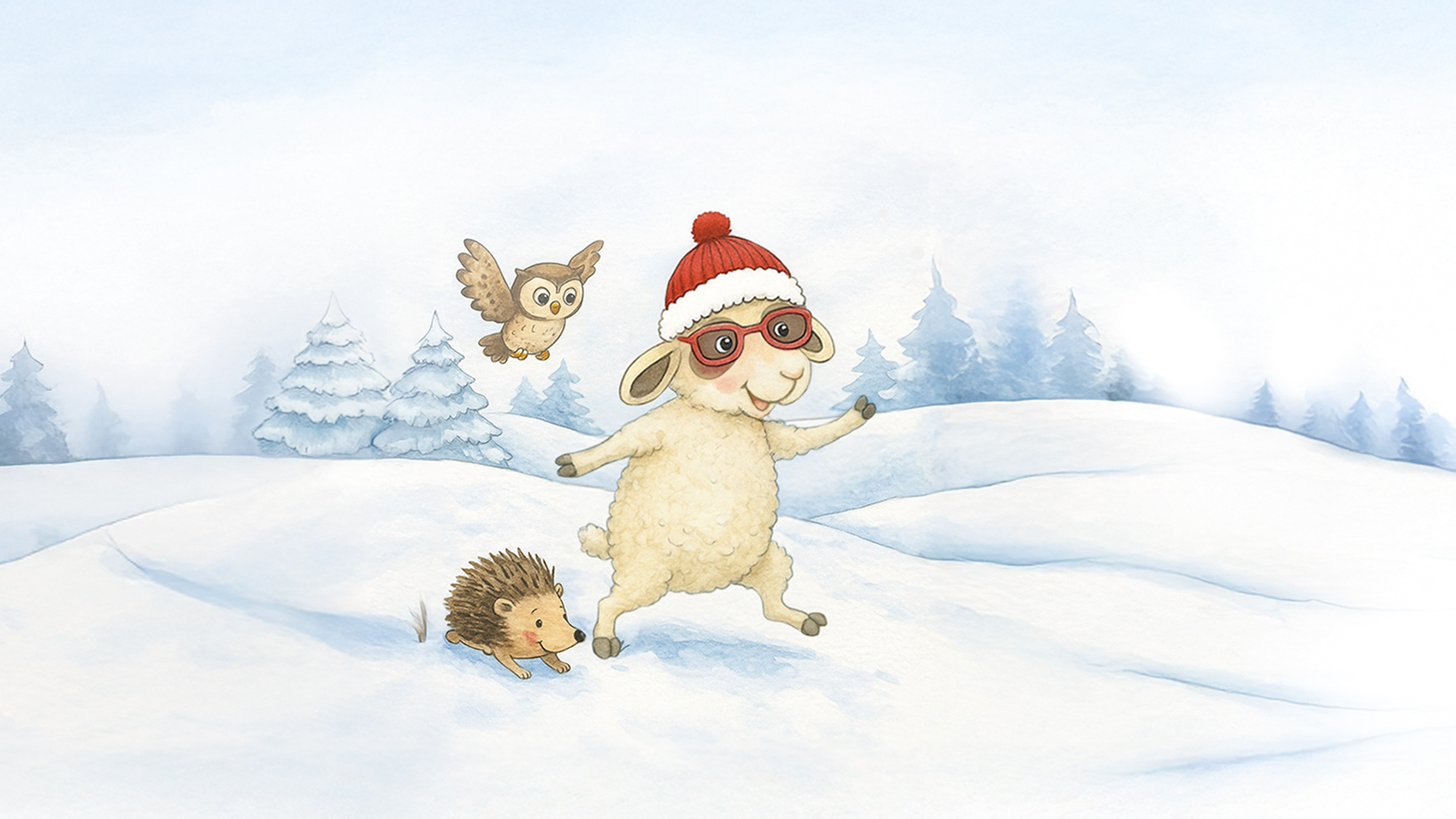 Benni Brillenschaf mit Weihnachtsmütze im Schnee. Daneben eine Eule und ein Igel.