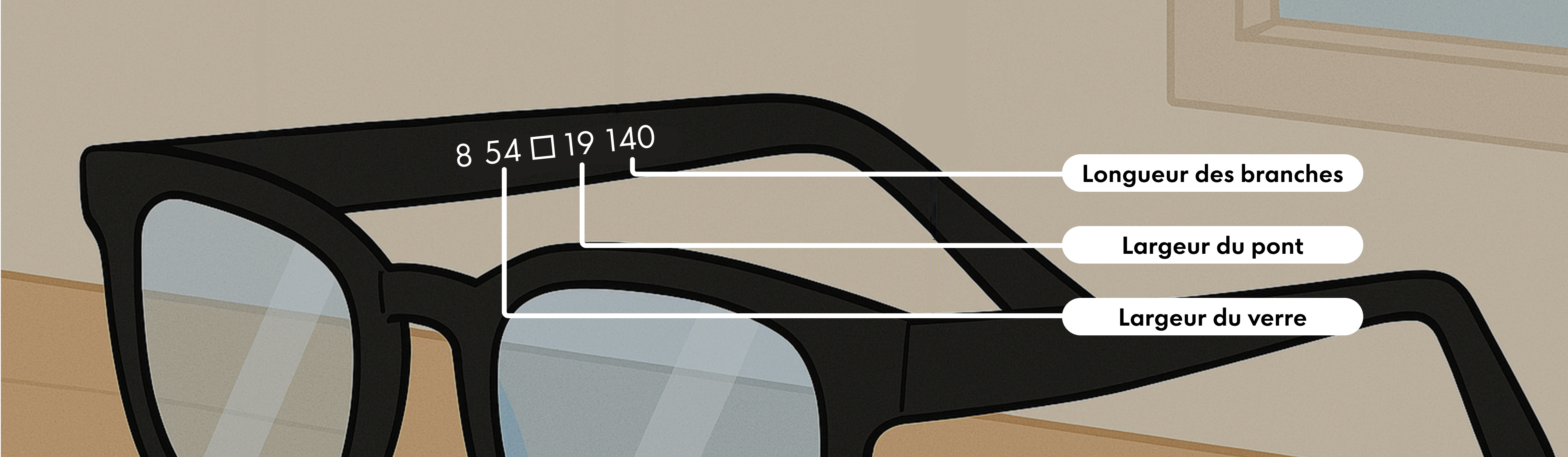 Illustration de lunettes avec les mesures suivantes : longueur des branches, largeur du pont et largeur des verres.