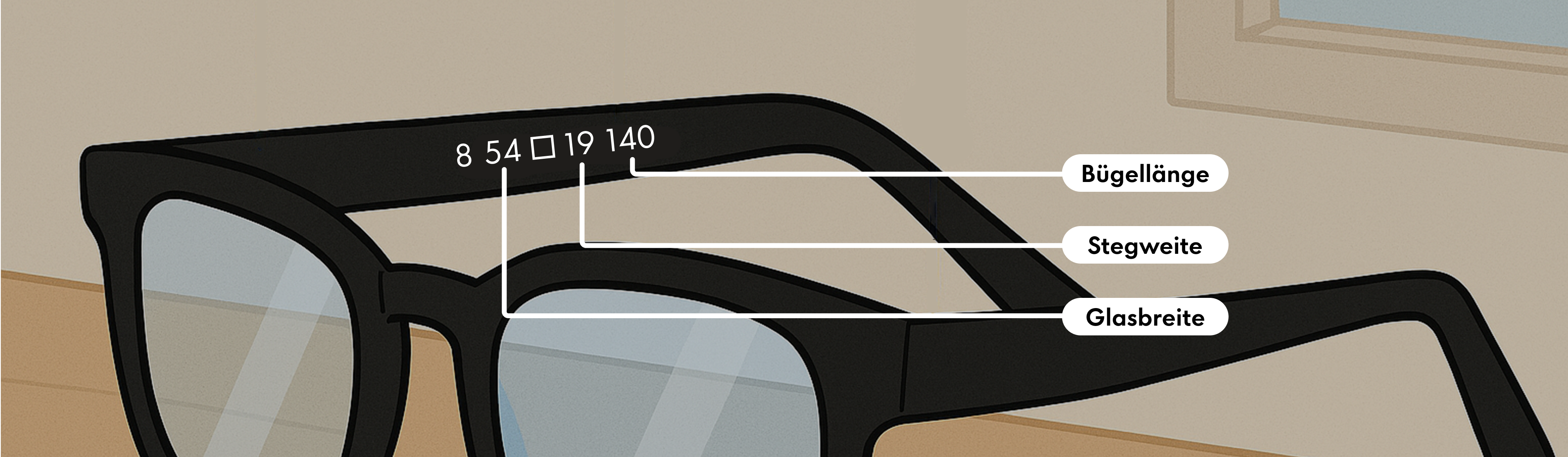 Illustration einer Brille mit beschrifteten Maßen: Bügellänge, Stegbreite und Glasbreite.