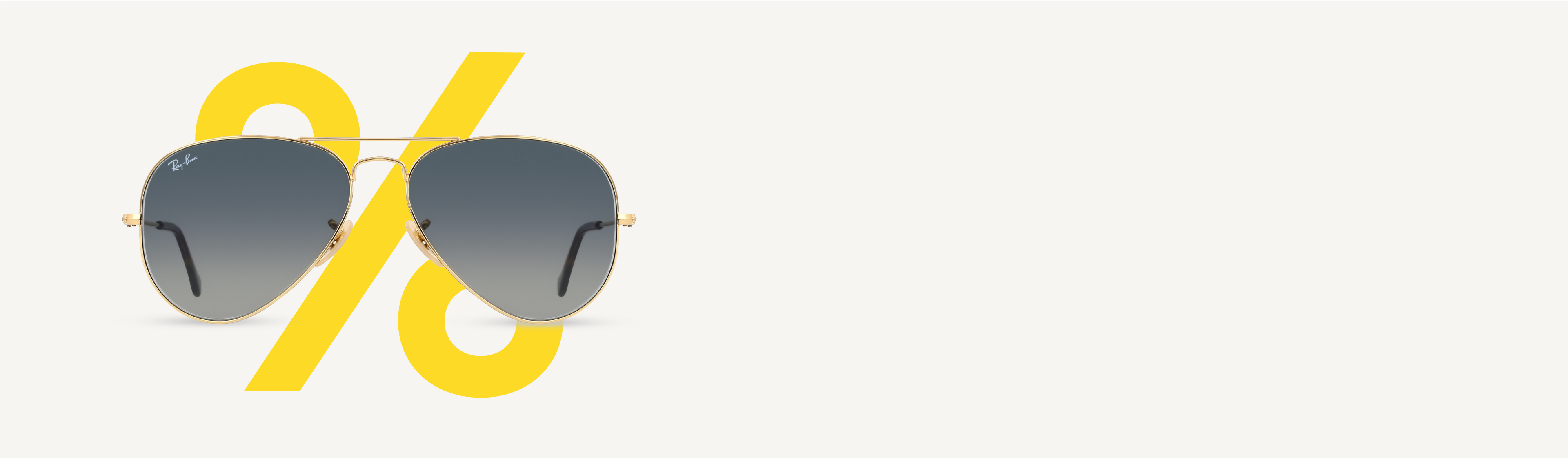 Lunettes de soleil Ray-Ban Aviator sur fond blanc avec des signes de pourcentage jaunes.