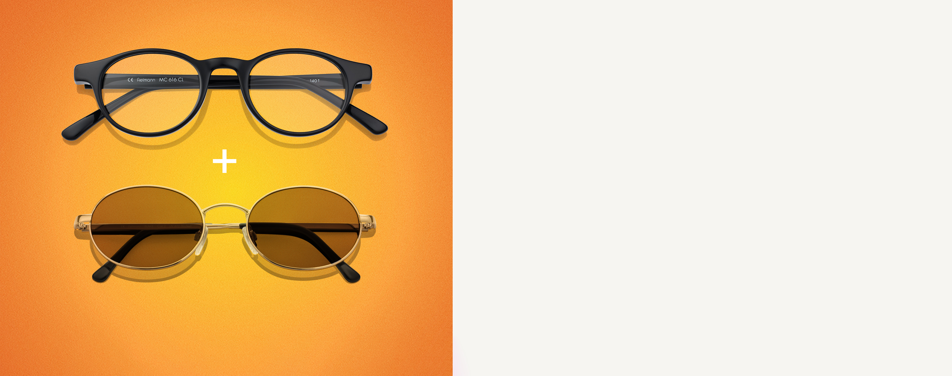 Lunettes rondes noires et lunettes de soleil rondes avec monture dorée sur fond orange.