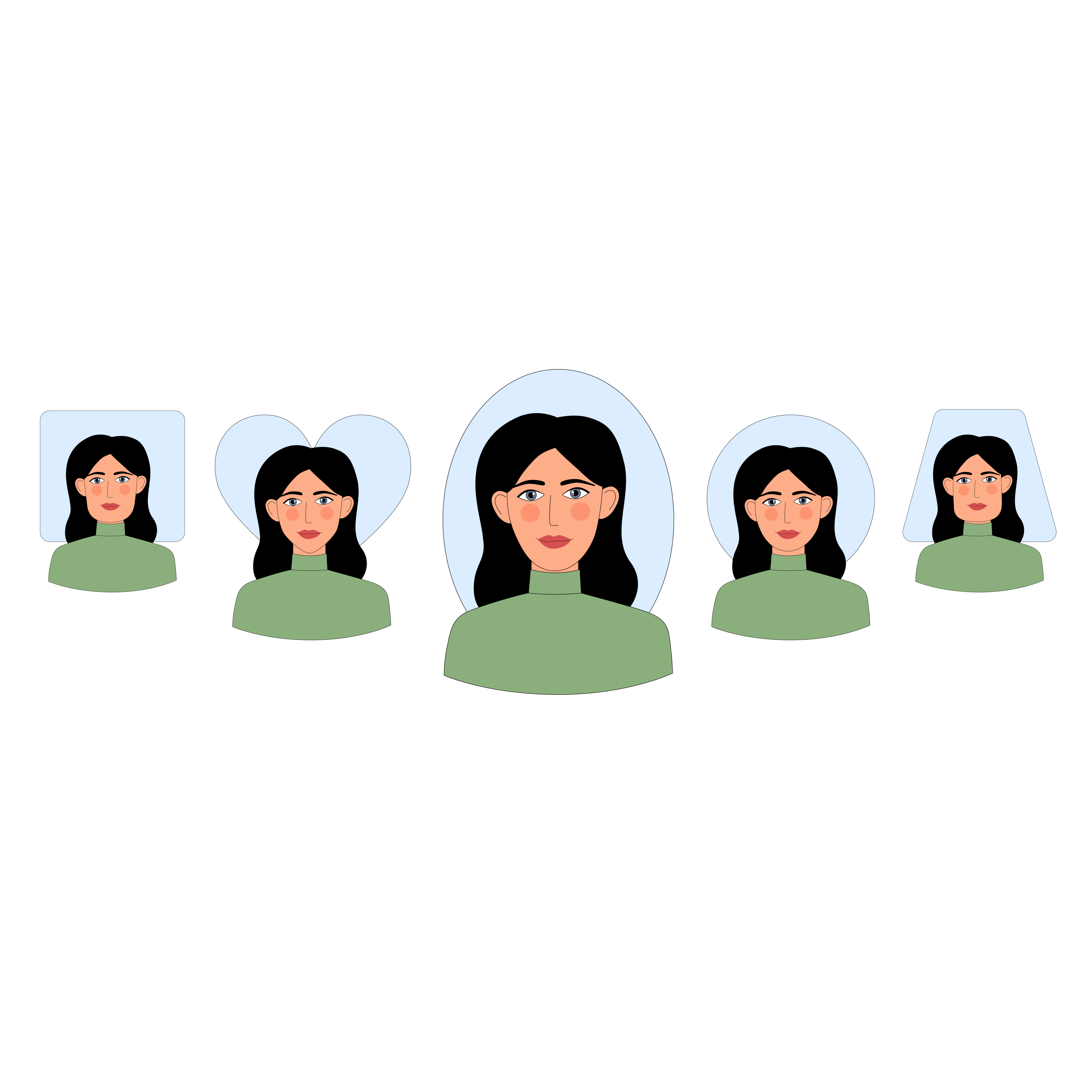 Illustration einer Frau in fünf Rahmen mit verschiedenen Formen zur Darstellung verschiedener Gesichtsformen.
