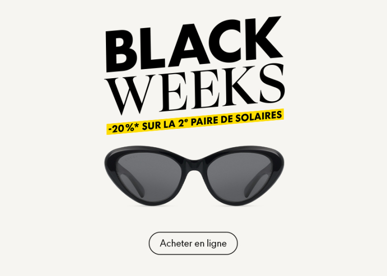 Lunettes de soleil noires avec le texte « BLACK WEEKS », « 20 % de réduction* sur la deuxième paire de lunettes de soleil » et « Achetez en ligne dès maintenant » sur fond clair.