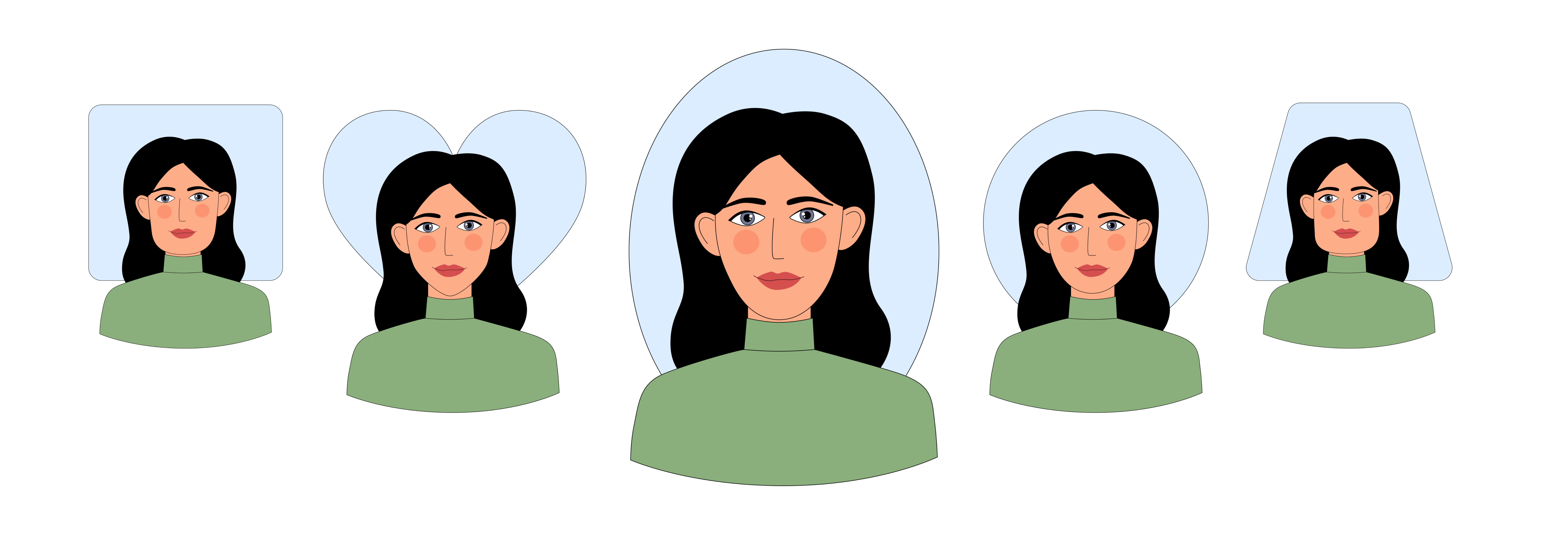 Illustrazione di una donna in cinque cornici di forme diverse per rappresentare diverse forme del viso.