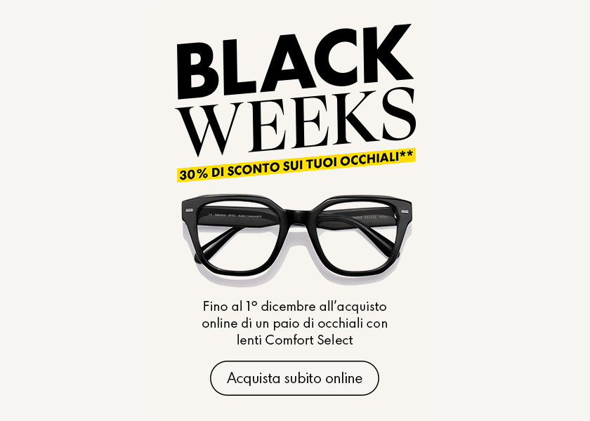 Annuncio per la promozione «Black Weeks» con il 30% di sconto sugli occhiali, che mostra un paio di occhiali neri e un invito all’azione per acquistare online.