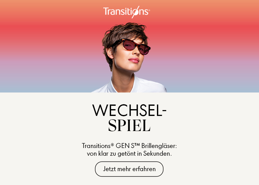 Frau mit Sonnenbrille vor einem farbigen Hintergrund. Der Text wirbt für Transitions GEN S-Gläser. Der Button lautet „Jetzt mehr erfahren”.