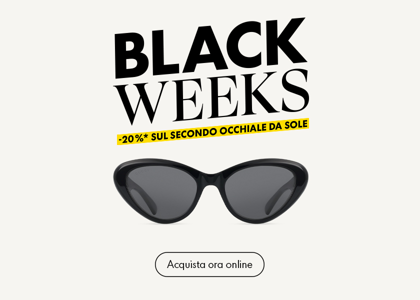 Occhiali da sole neri con testo: “BLACK WEEKS”, “20% di sconto* sul secondo paio di occhiali da sole” e “Acquista ora online” su sfondo chiaro.