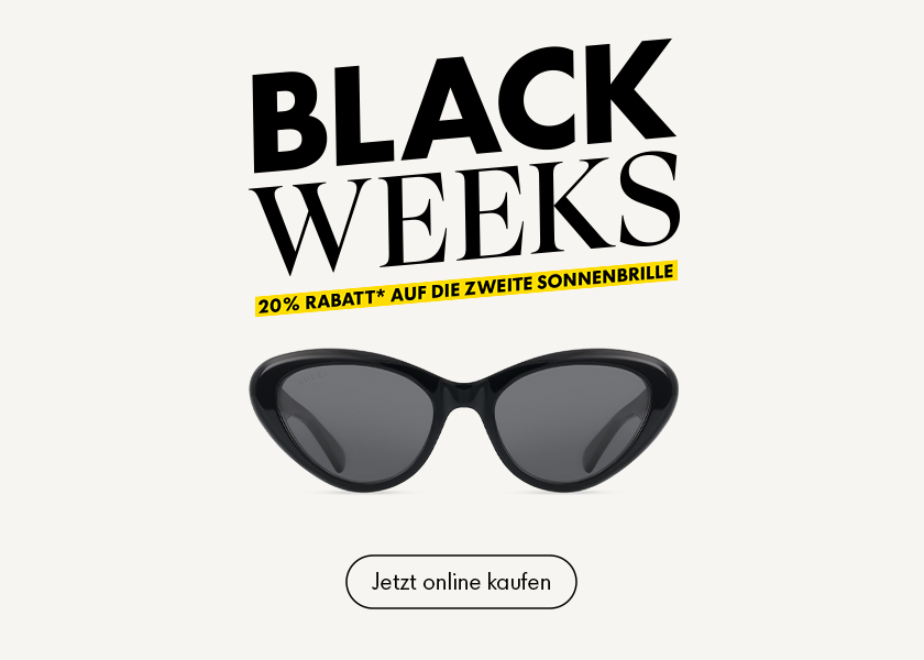 Schwarze Sonnenbrille mit Text: „BLACK WEEKS“, „20 % Rabatt* auf die zweite Sonnenbrille“ und „Jetzt online kaufen“ auf hellem Hintergrund.