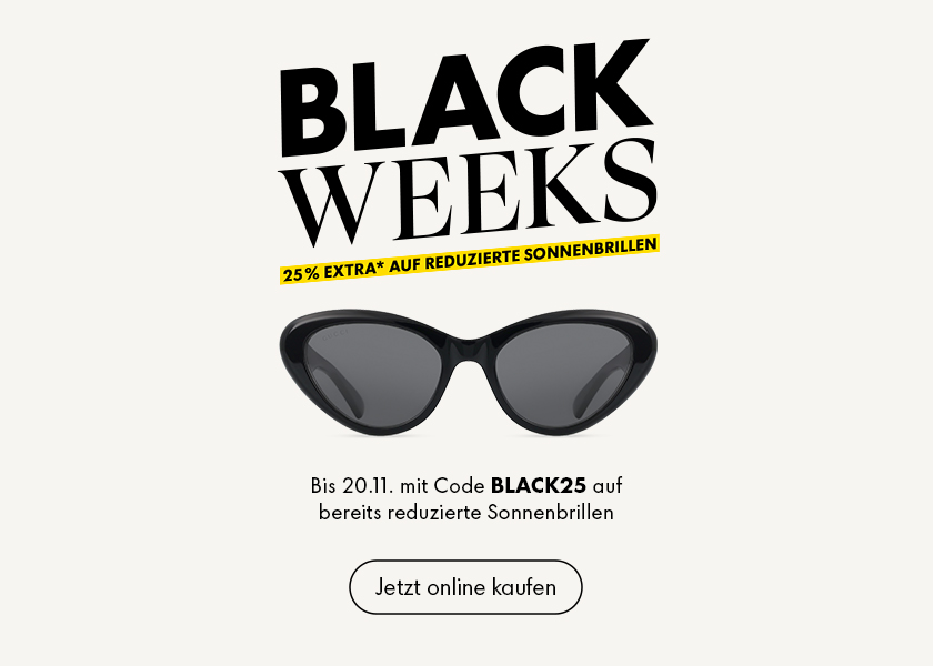 Schwarze Sonnenbrille unter dem auffälligen Schriftzug „BLACK WEEKS” mit einem gelben Banner, das 25 % Rabatt auf reduzierte Sonnenbrillen offeriert.
