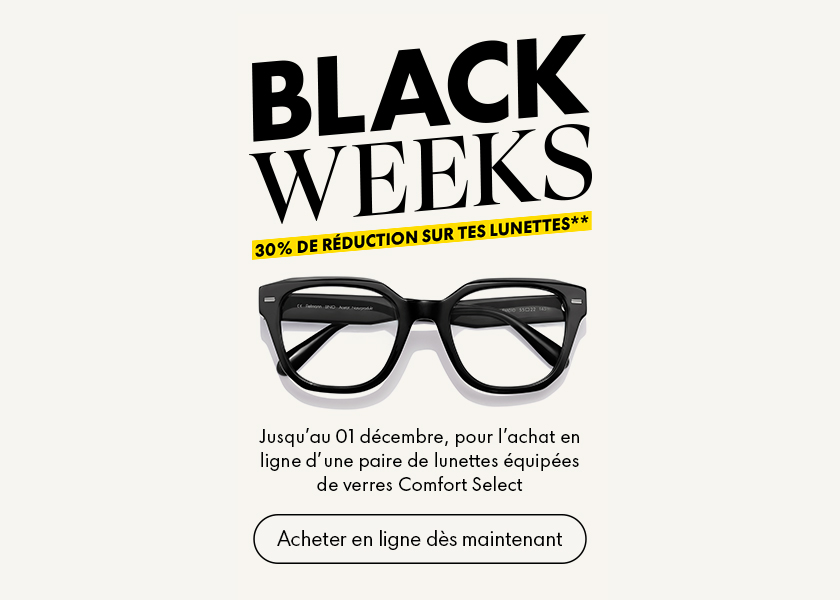 Publicité pour la promotion « Black Weeks » avec 30 % de réduction sur les lunettes, présentant une paire de lunettes noires et un appel à l’action pour acheter en ligne.