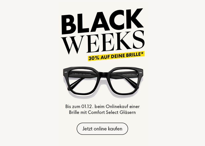 Werbung für den „Black Weeks“-Sale mit schwarzen Brillen. Bietet 30 % Rabatt bis zum 1. Dezember für Online-Käufe. Der Button trägt die Aufschrift „Jetzt online kaufen“.