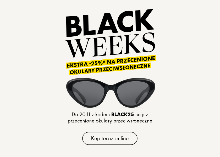 Reklama sprzedaży okularów przeciwsłonecznych: „Czarne tygodnie” z 25% rabatem. Zawiera czarne okulary przeciwsłoneczne i przycisk „Kup teraz”. Kod promocyjny: BLACK25.