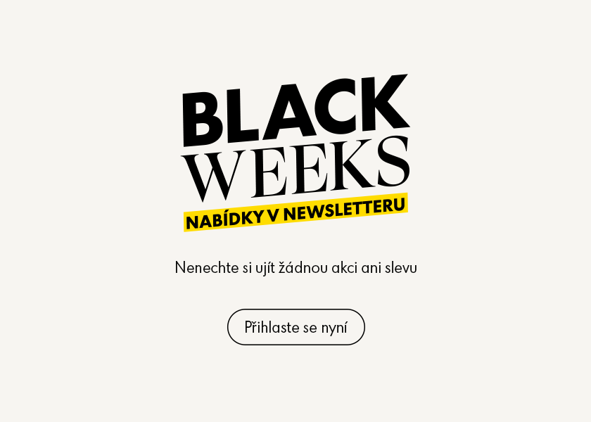 Text „BLACK WEEKS” tučným písmem s podtitulem „nabídky v newsletteru” pod ním, zvýrazněný žlutou barvou na světlém pozadí.