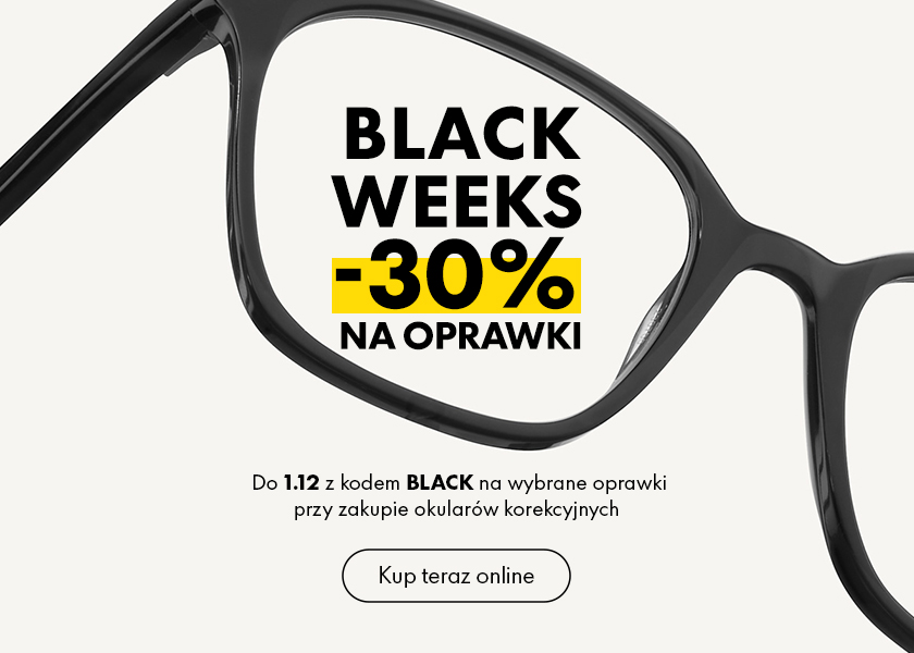 Nahaufnahme von schwarzen Brillenfassungen mit dem Text: „Black Weeks -30 % auf Fassungen.“ Darunter befindet sich ein Button mit der Aufschrift „Jetzt online kaufen.“