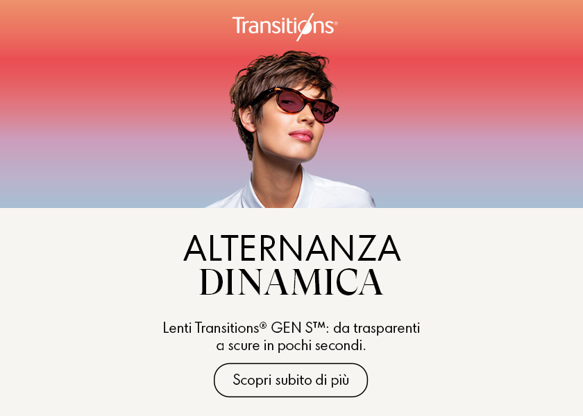 Donna con occhiali da sole su sfondo colorato. Il testo pubblicizza le lenti Transitions GEN S. Il pulsante recita “Scopri di più”.