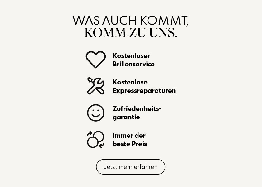 Deutscher Text mit Symbolen, die auf den kostenlosen Brillenservice, kostenlose Expressreparaturen, Zufriedenheitsgarantie und den besten Preis hinweisen.