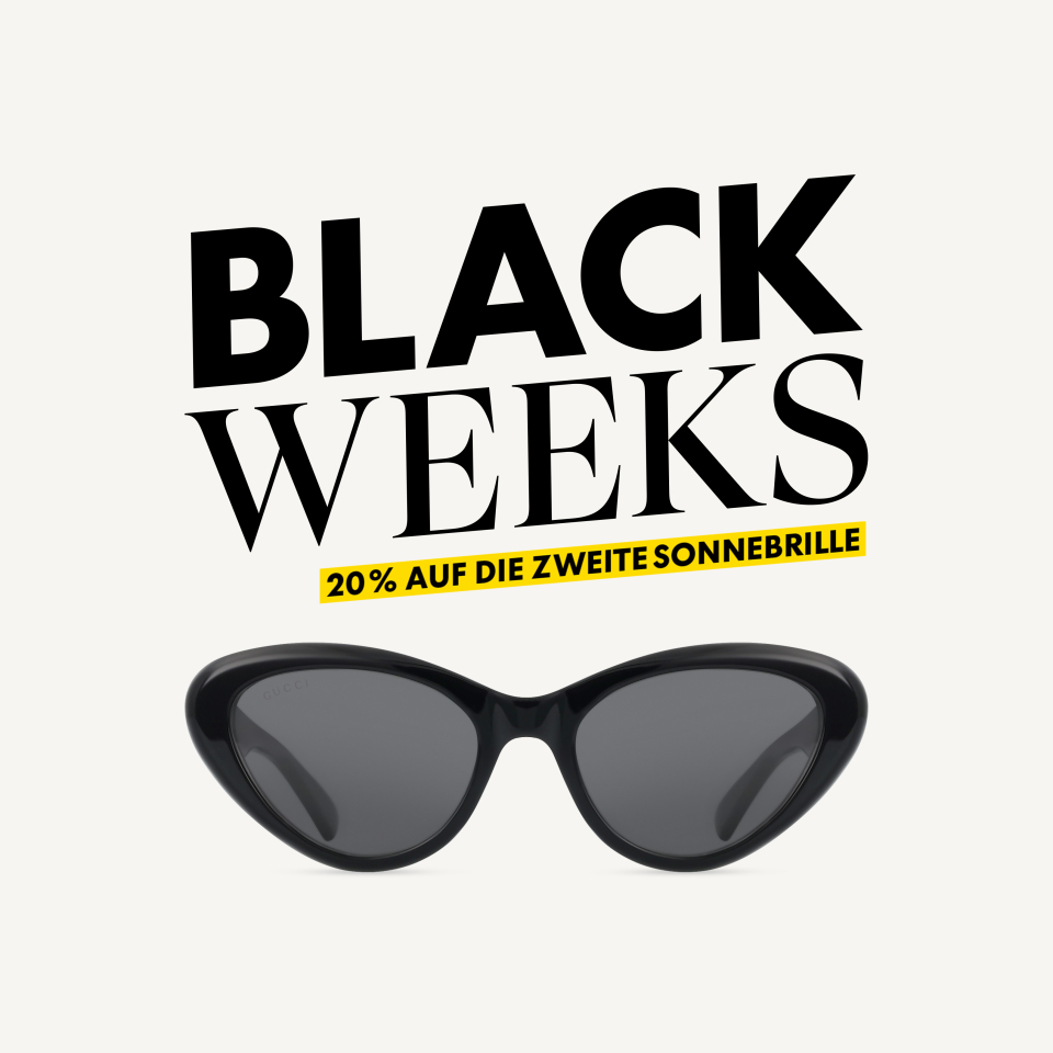 Schwarze Sonnenbrille mit Text: „BLACK WEEKS“, „20 % Rabatt* auf die zweite Sonnenbrille“ .