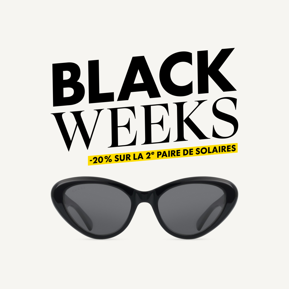 Lunettes de soleil noires avec le texte « BLACK WEEKS », « 20 % de réduction* sur la deuxième paire de lunettes de soleil ».