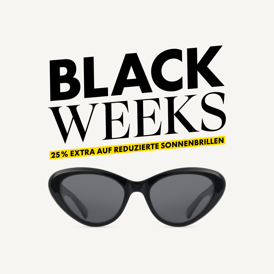 Schwarze Sonnenbrille unter dem auffälligen Schriftzug „BLACK WEEKS” mit einem gelben Banner, das 25 % Rabatt auf reduzierte Sonnenbrillen offeriert.