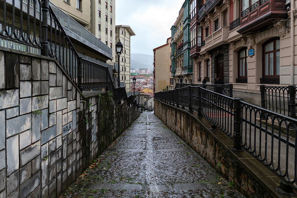 Eine schmale, vom Regen nasse Kopfsteinpflastergasse zwischen Gebäuden, mit Eisengeländern und einem Blick auf die Dächer der Stadt in der Ferne unter einem bewölkten Himmel.