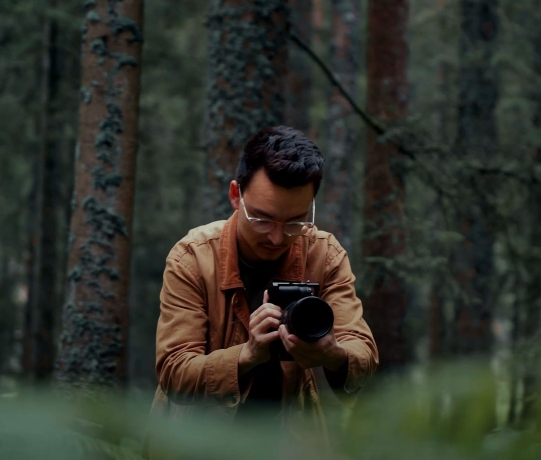 Eine Person in brauner Jacke macht ein Foto in einem dichten grünen Wald, umgeben von hohen Bäumen und Laub.