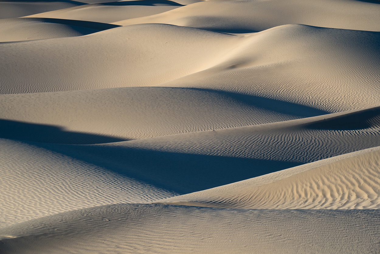 sand dunes with smooth, rippled textures under soft lighting, creating gentle shadows and highlights.