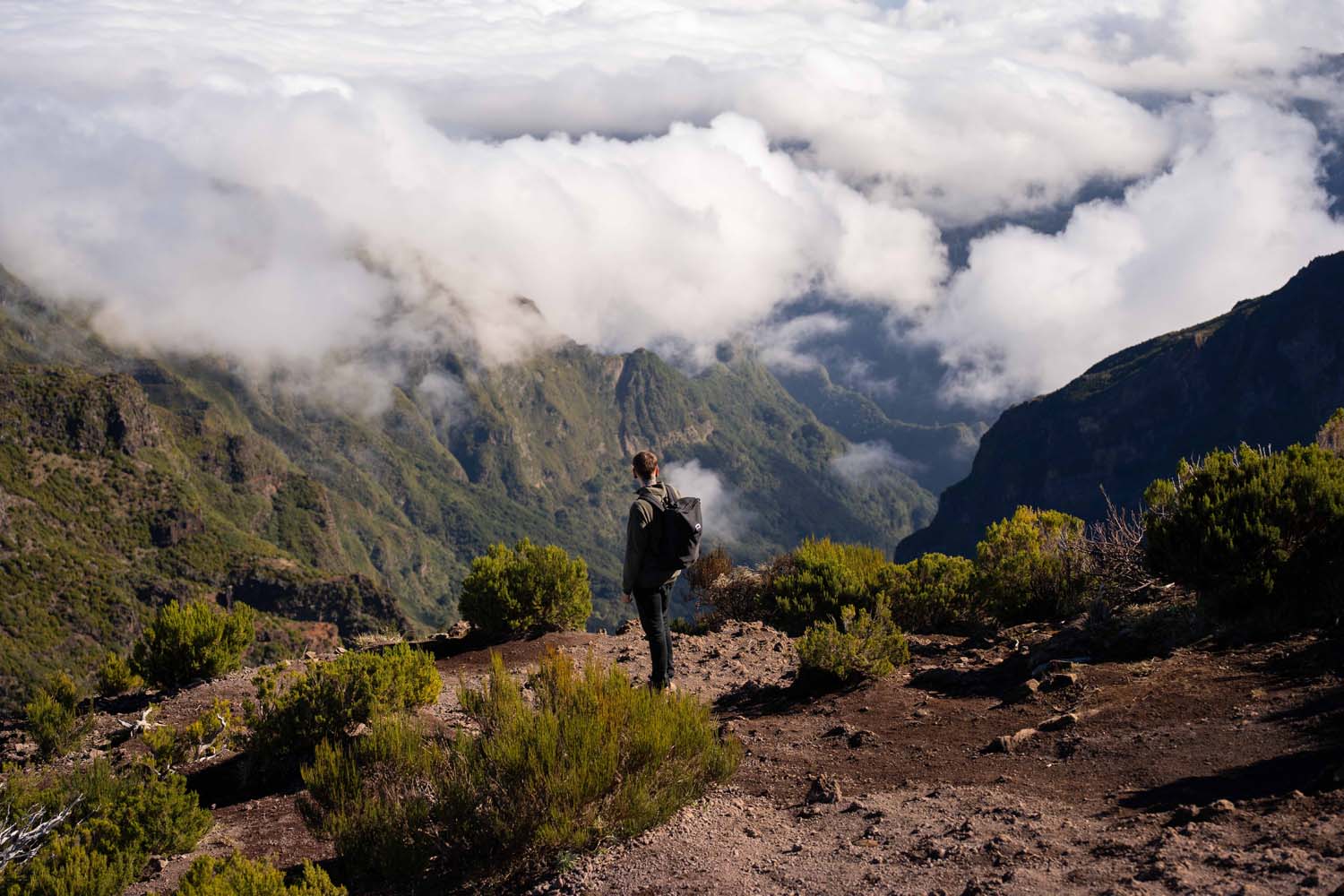 Person standing on a mountain trail, overlooking a valley filled with clouds, surrounded by green vegetation and rugged terrain.