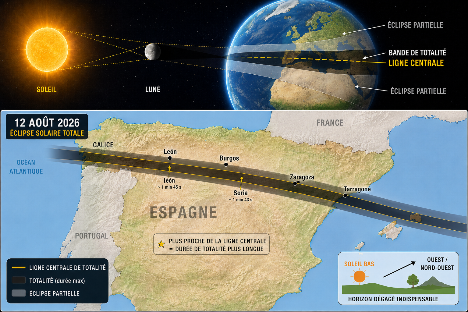 Espagne : au cœur de la bande de totalité avec un horizon dégagé vers le nord-ouest