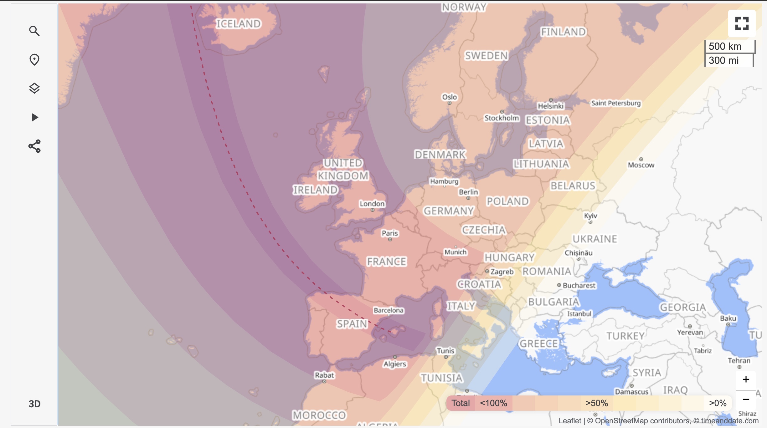 Map of Spain showing the path of totality (northwest to southeast), the centerline, and totality durations for León/Soria/Burgos.