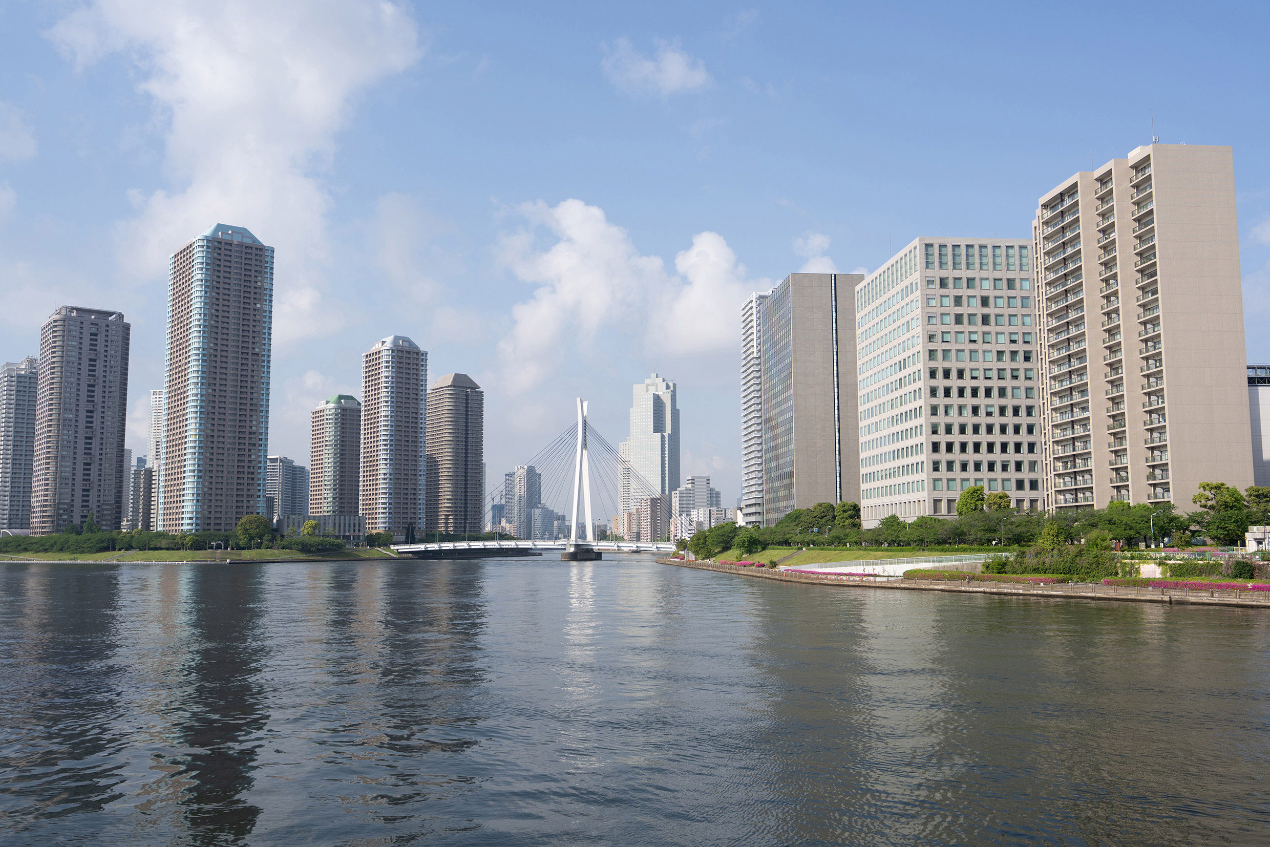 The skyline of a city with modern skyscrapers by the river, with a striking bridge under a partly cloudy blue sky.