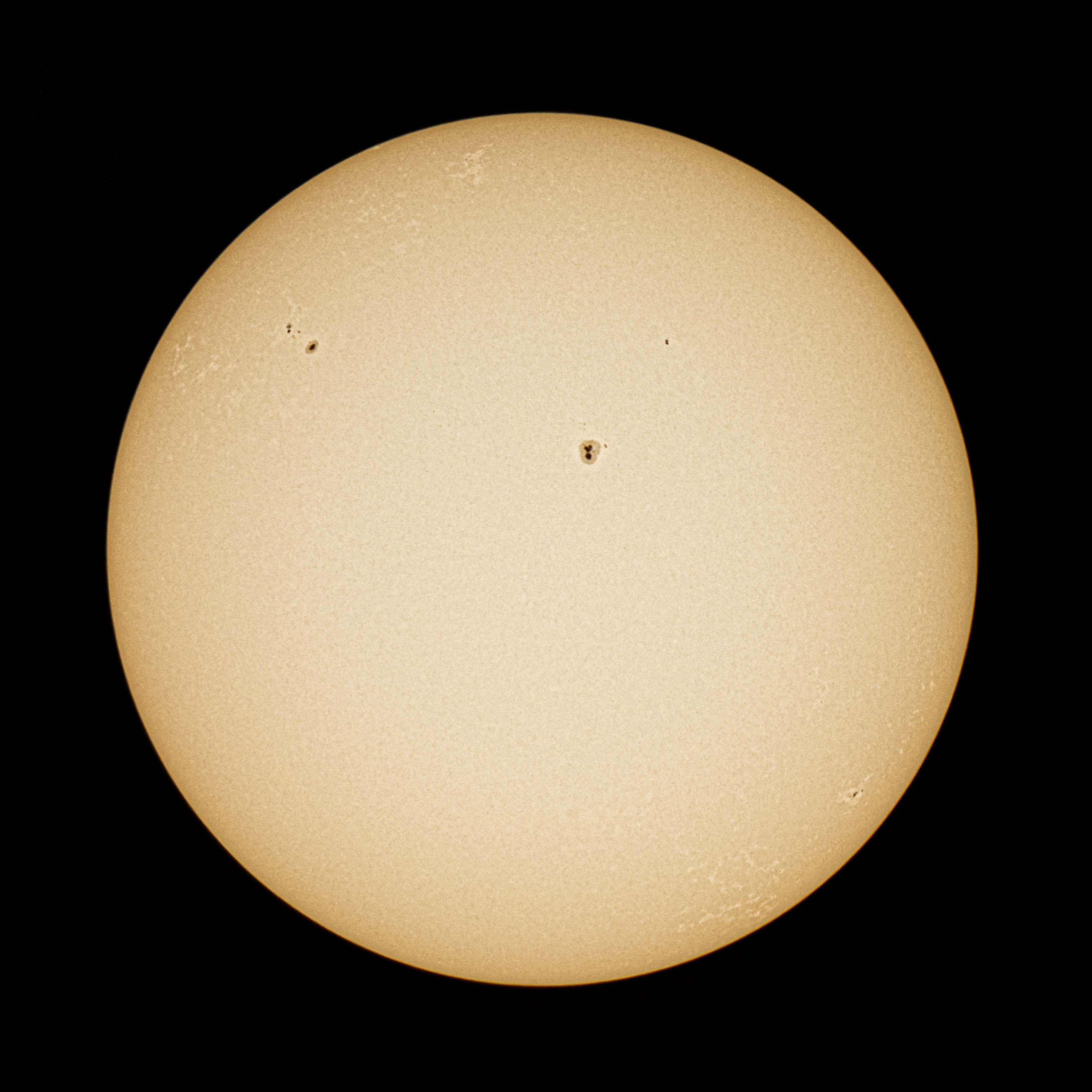 The Sun captured in high detail with visible sunspots on its surface, set against a black background.