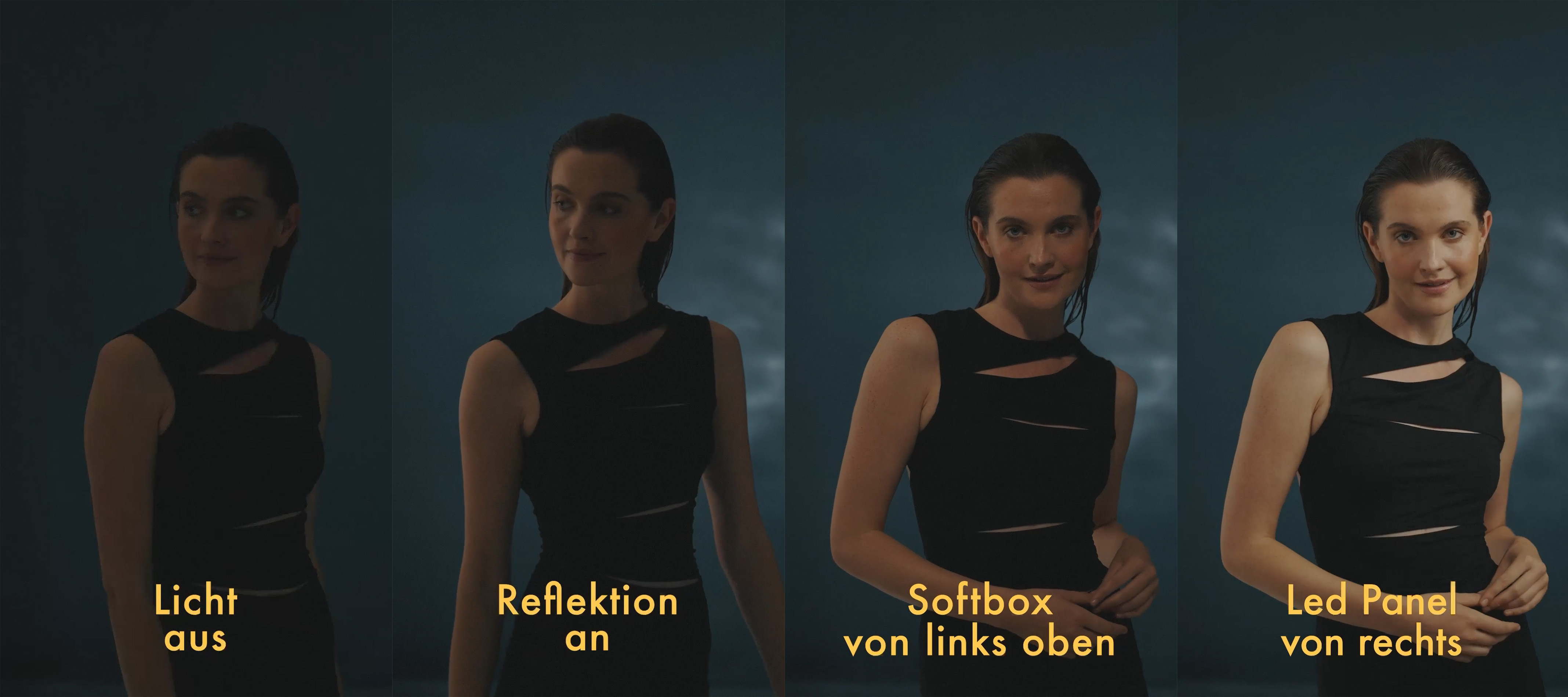 Four images of a woman in a black dress, each with different lighting: no light, reflection, softbox from above, and LED panel from the right.