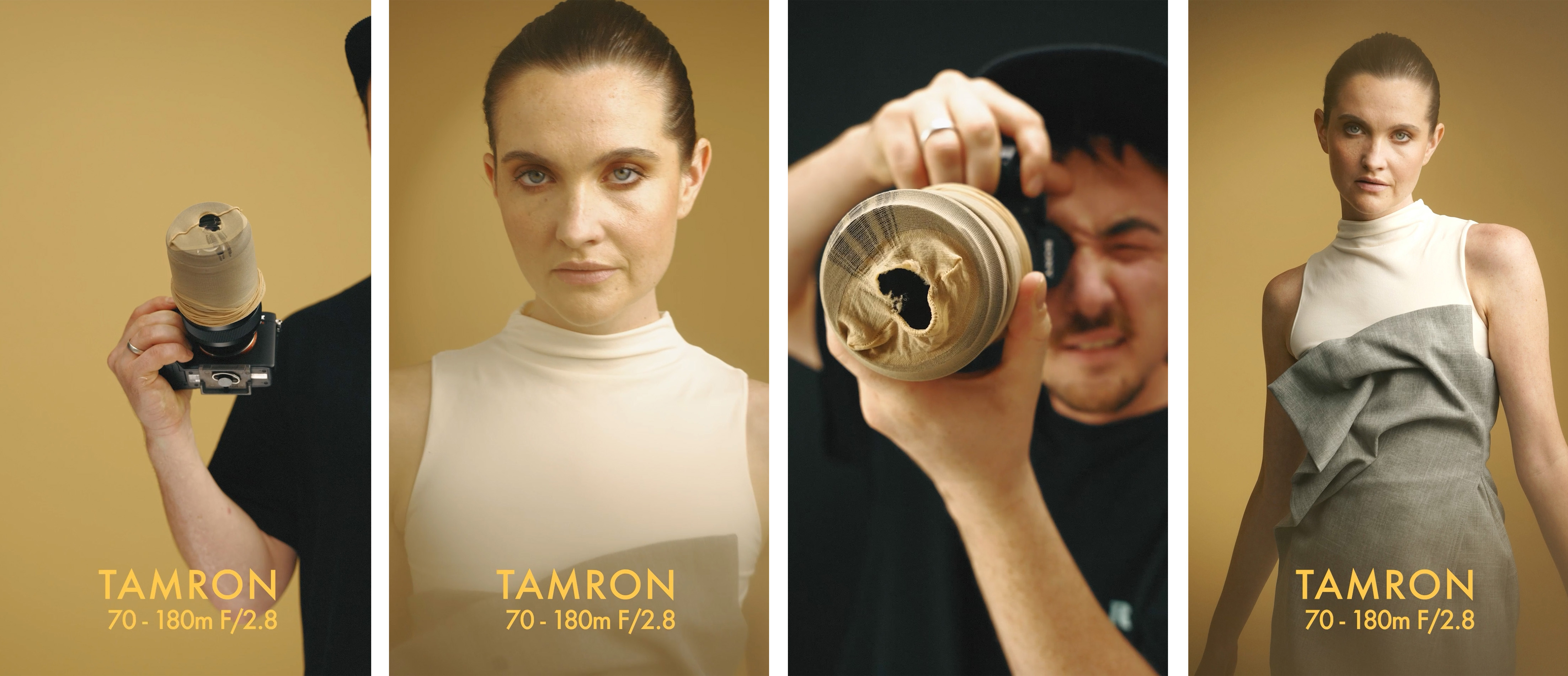 Vierdelige fotoserie met een vrouw, een man en het Tamron 70-180mm F/2.8 objectief: de vrouw poseert met het objectief, terwijl de man er nieuwsgierig doorheen kijkt.