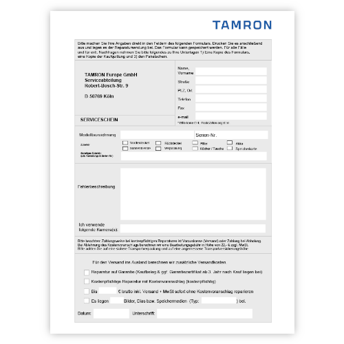 TAMRON service certificate