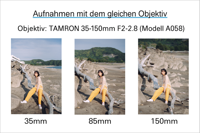 Brennweitenvergleich eines Fotos aufgenommen mit einem TAMRON 35-150 mm Objektiv bei Brennweiten von 35 mm, 85 mm und 150 mm.