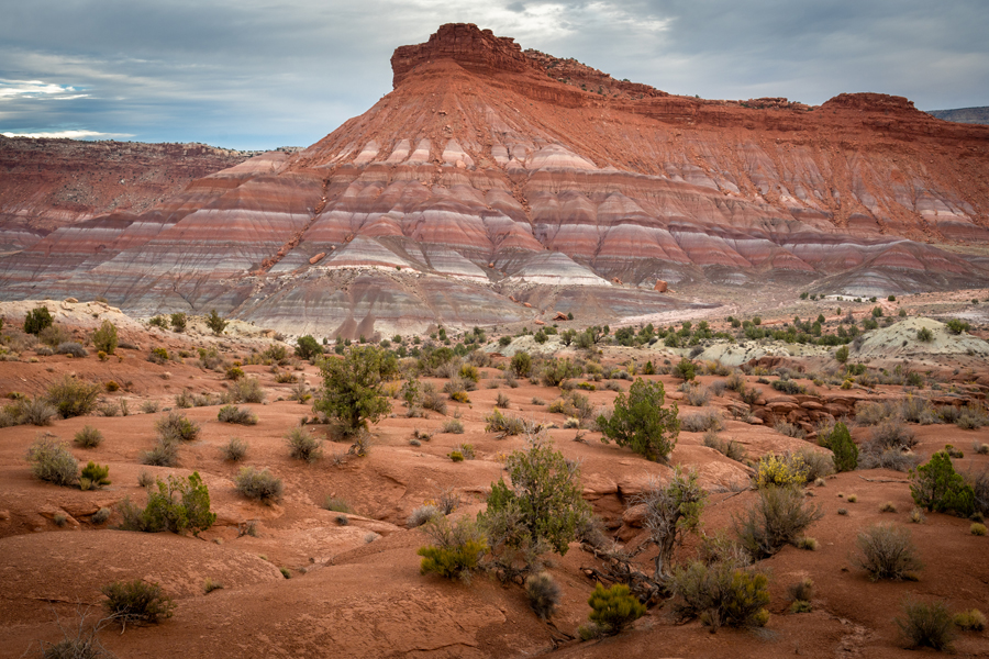 Reddish rock formation under a cloudy sky, surrounded by a desert landscape with sparse vegetation.