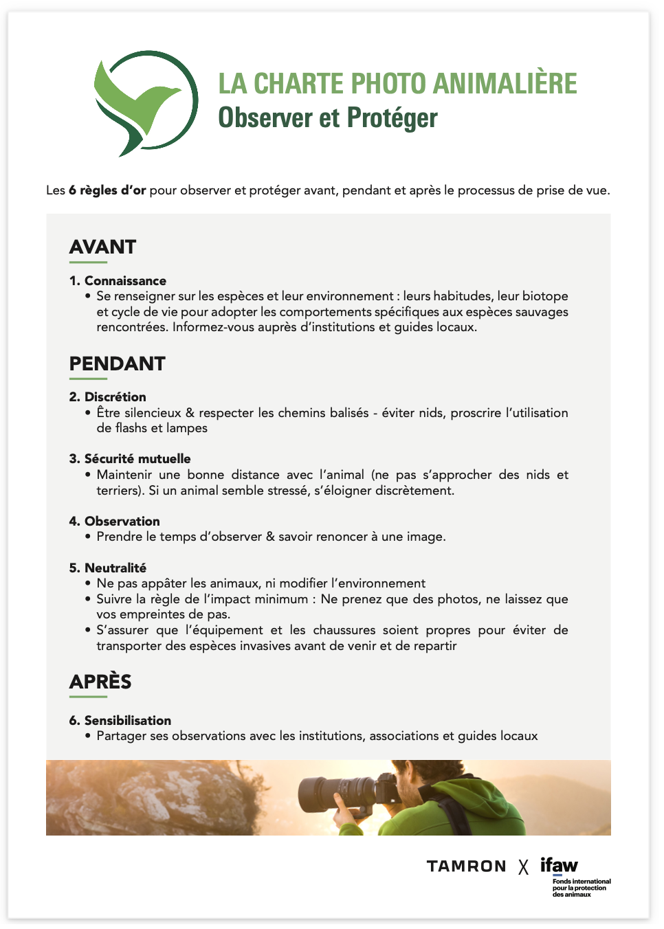 IFAW & Tamron France dévoilent la nouvelle édition de la Charte de la Photo Animalière
