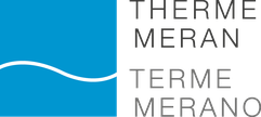 Logo featuring a blue square with a white wave and the text "THERME MERAN TERME MERANO" in black on a white background.