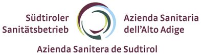 Logo of Südtiroler Sanitätsbetrieb with text in three languages and a central abstract circular design.