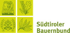 Logo with four green squares: figures, oak leaves, a plant with wheat, and olive branches. Text reads "Südtiroler Bauernbund."
