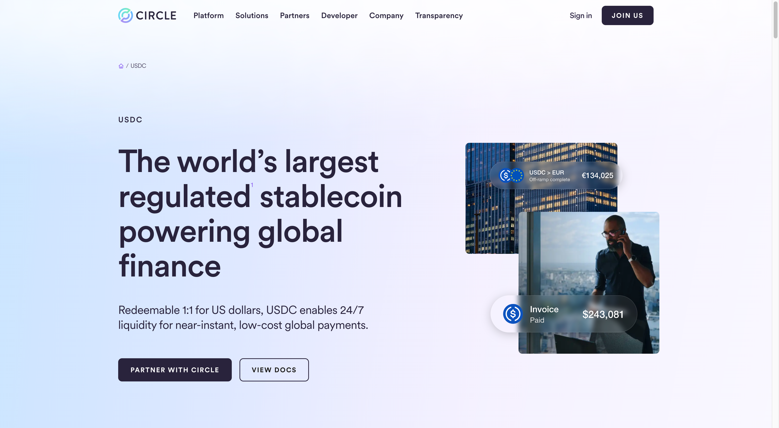 Website von USDC von Circle. Quelle: https://www.circle.com/usdc Website von USDC von Circle