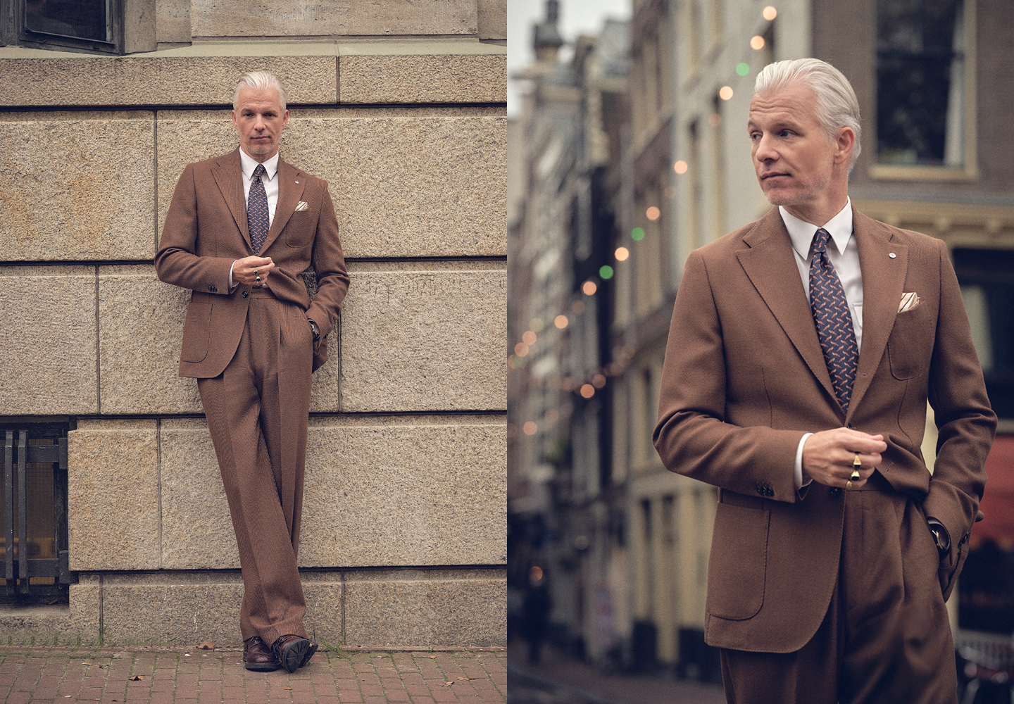 Man gekleed in een bruin pak met een wit overhemd